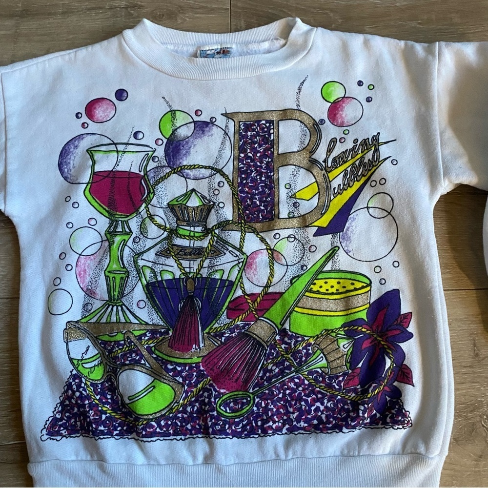 Vintage sweater girls Blowing Bubbles pullover 1980s glam cute - Picture 2 of 6